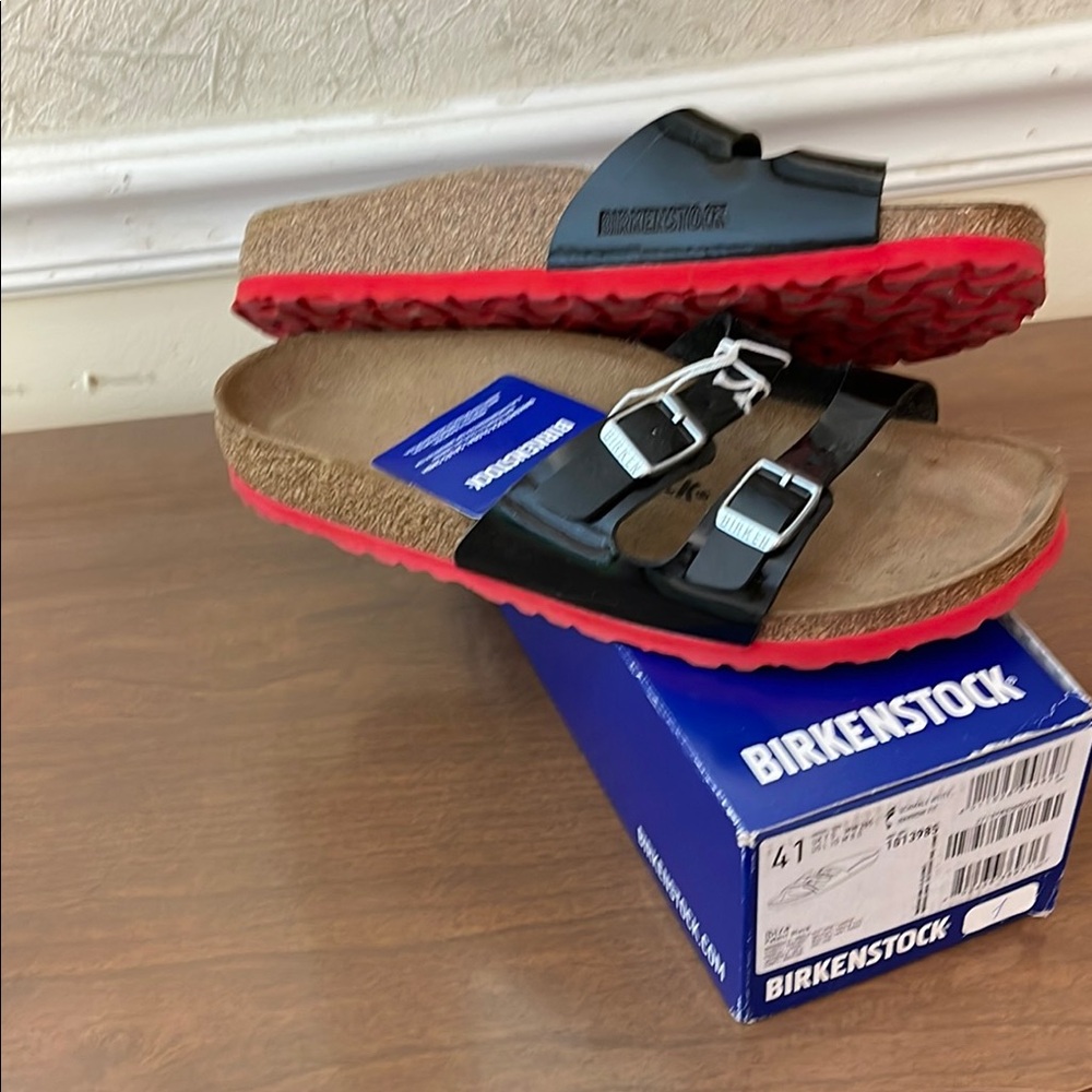 Birkenstock Black and Red Sandals with Adjustable Straps